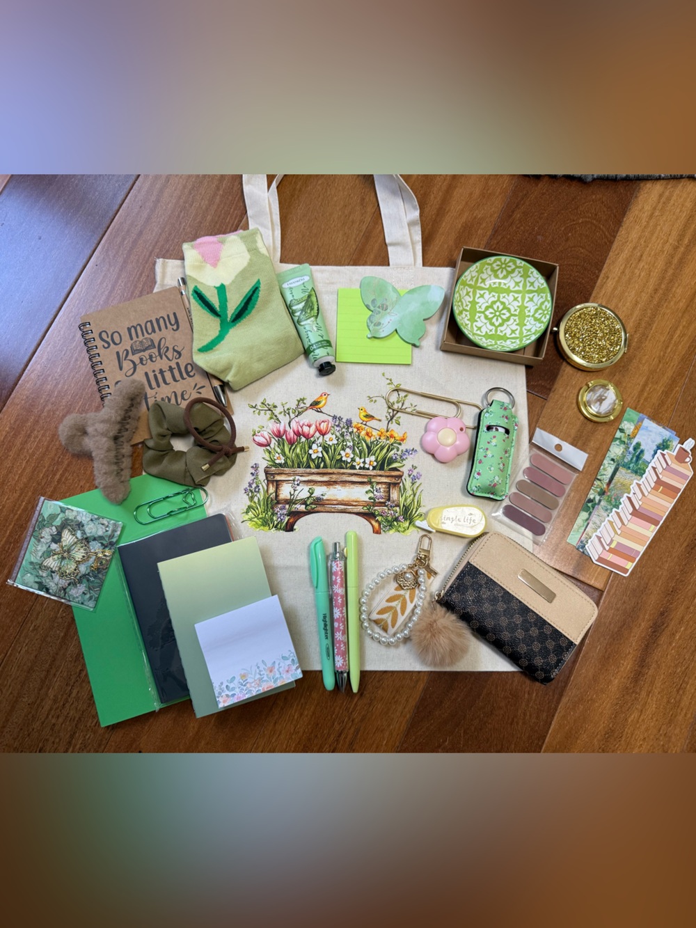 Green and Brown Bookish Bundle with Canvas Tote, Wallet, &  stationery supplies